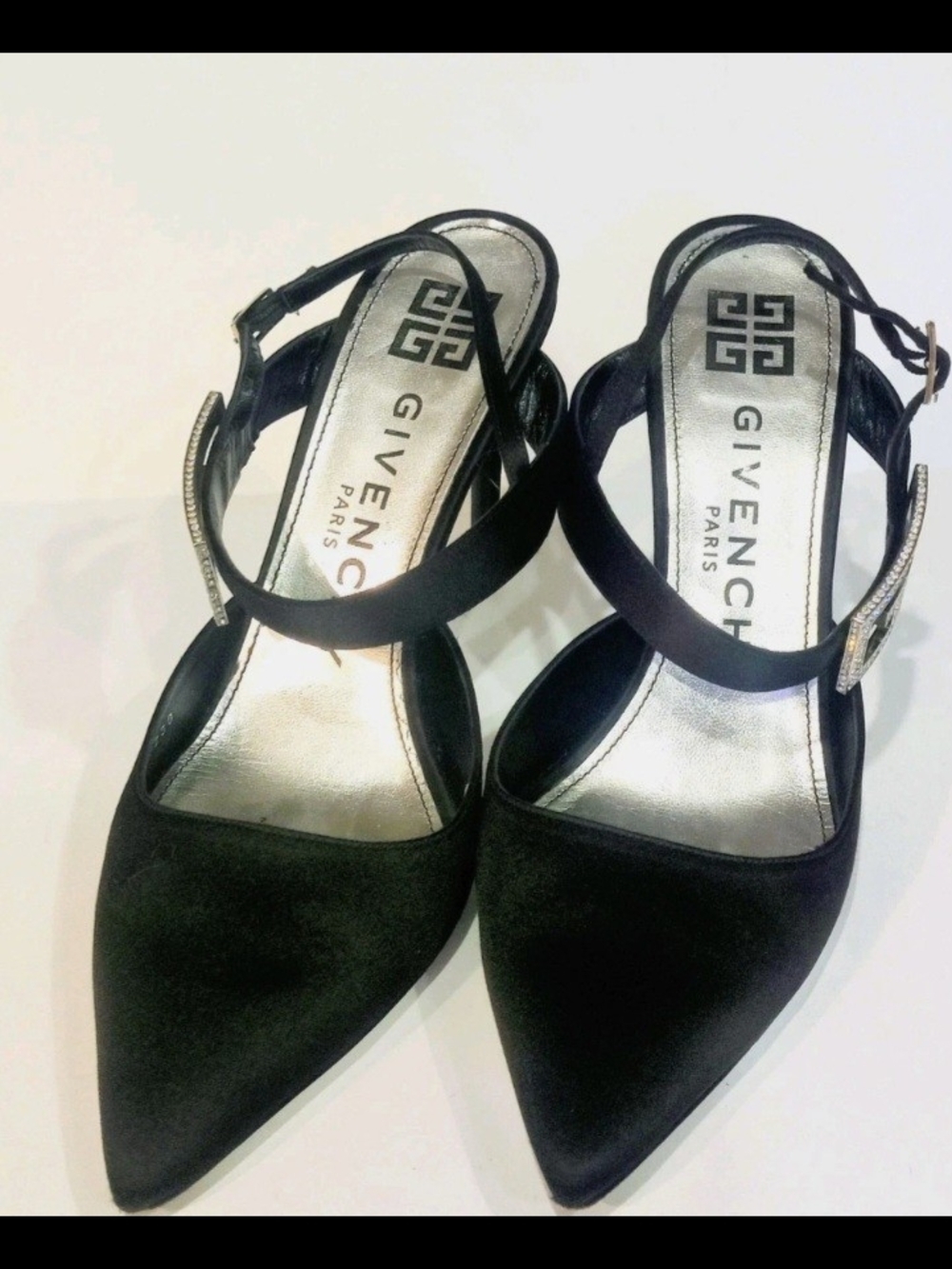 Givenchy Double G Crystal Black Satin Slingback Heels Worn 1x